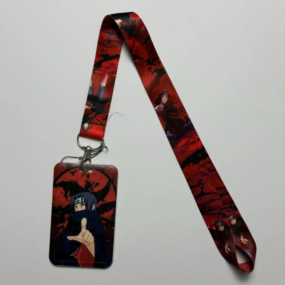 Red and black printed anime id card holder neck strap with metal clasp and rectangular badge holder for work credentials