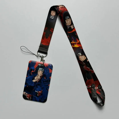 Black and red anime id card badge holder with printed lanyard and matching rectangular card holder neck strap