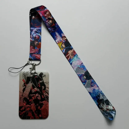Vibrant anime id card badge holder with red and black character artwork on a rectangular card holder neck strap
