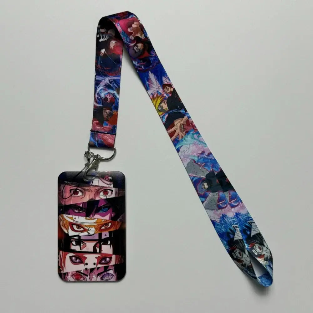 Colorful anime id card holder neck strap with naruto badge holder featuring stacked eye designs for work credentials