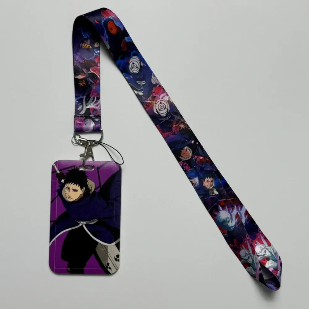 Purple rectangular anime id card badge holder neck strap featuring dark blue anime character on vibrant background