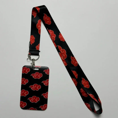 Black anime id card badge holder with red cloud lanyard and matching card holder neck strap for work credentials