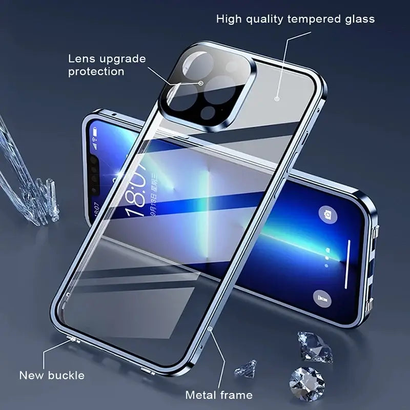 Transparent tempered glass phone case with sleek silver metal frame magnetic glass phone for 360° protection