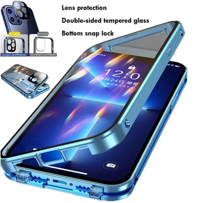 Blue magnetic glass phone case with tempered glass and snap lock showing the back side for 360° protection