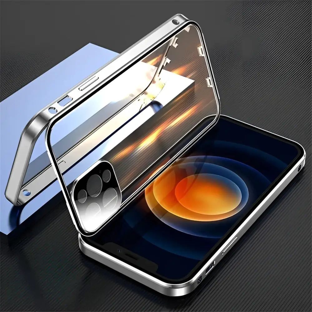 Silver anime-inspired magnetic glass phone case with transparent back and metallic frame for 360° protection