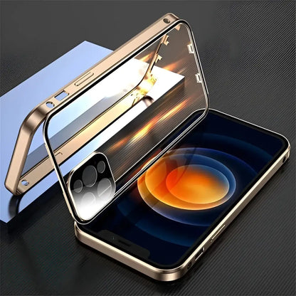 Gold-colored magnetic glass phone case with transparent back and metallic frame for 360° protection