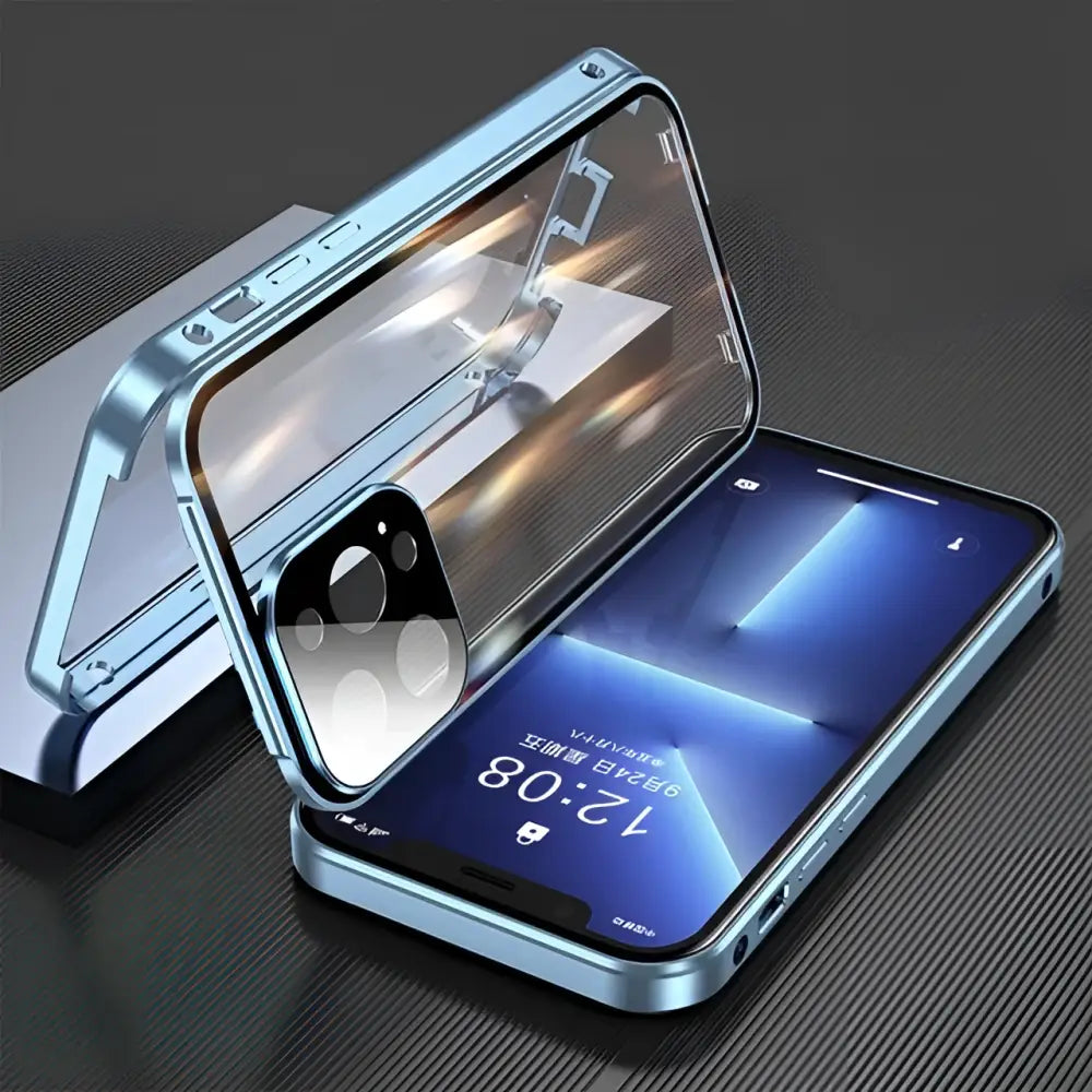 A sleek light blue anime-inspired magnetic glass phone case with transparent back and metallic frame for 360 protection
