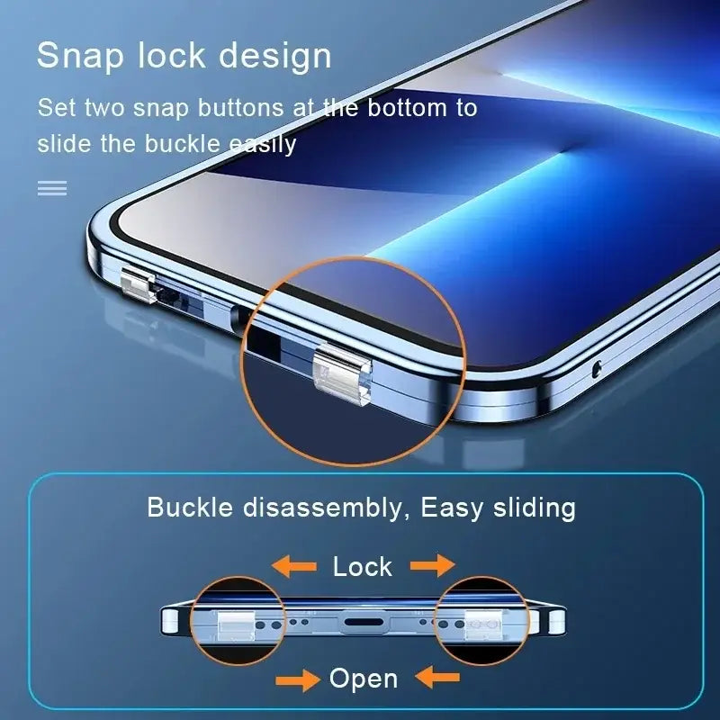 Silver snap lock buckle with adjustable buttons on the back of anime-inspired magnetic glass phone case for 360° protection