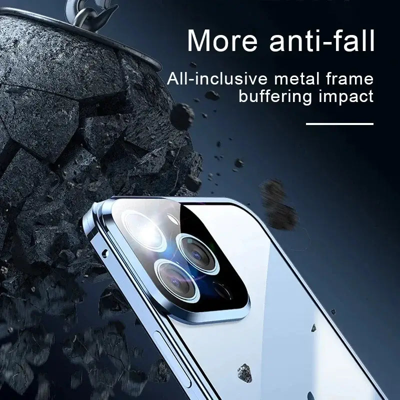 Back of silver iphone with sleek metallic frame and triple-lens camera in anime-inspired magnetic glass phone case