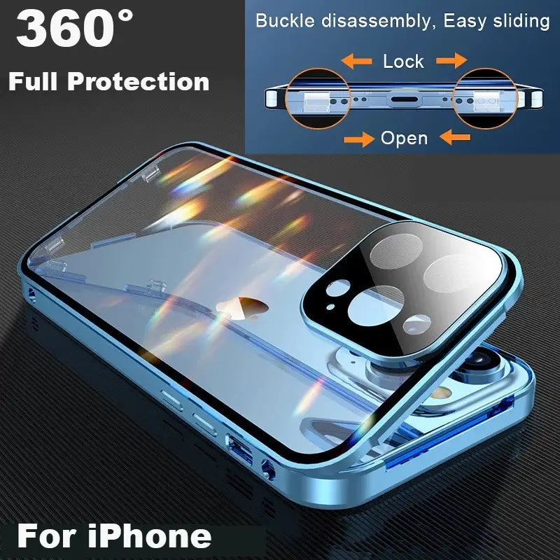 A sleek transparent glass phone case with a metallic blue frame and magnetic clasp offers 360° protection magnetic glass phone