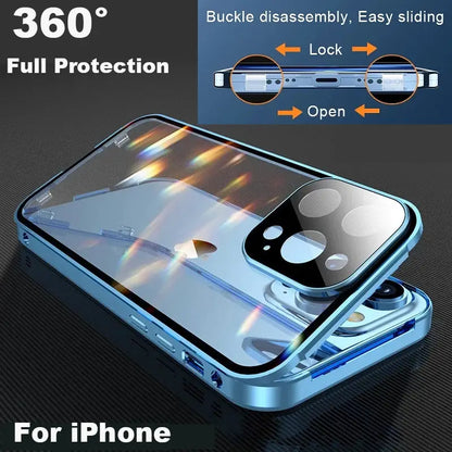 A sleek transparent glass phone case with a metallic blue frame and magnetic clasp offers 360° protection magnetic glass phone