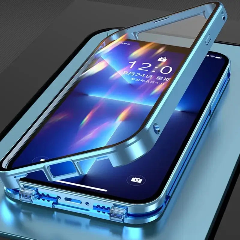 A sleek metallic blue anime-inspired magnetic glass phone case with transparent screen protector and precise cutouts