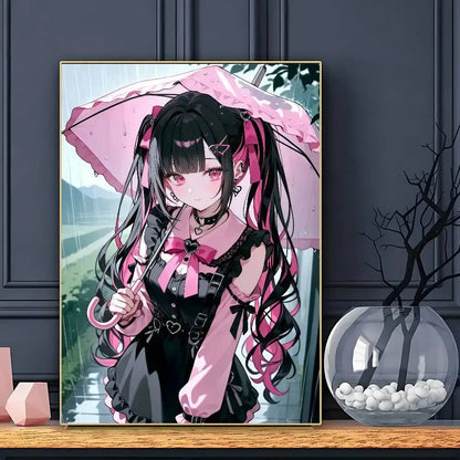 A framed anime j-jirai kei poster wall art featuring a girl with black and pink hair holding a pink umbrella
