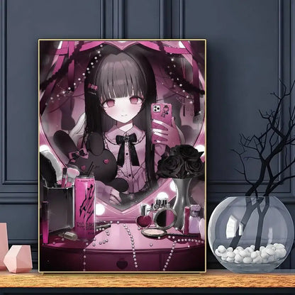 Anime j-jirai kei poster wall art featuring a pink framed girl with dark hair and red eyes holding a phone by a vanity mirror