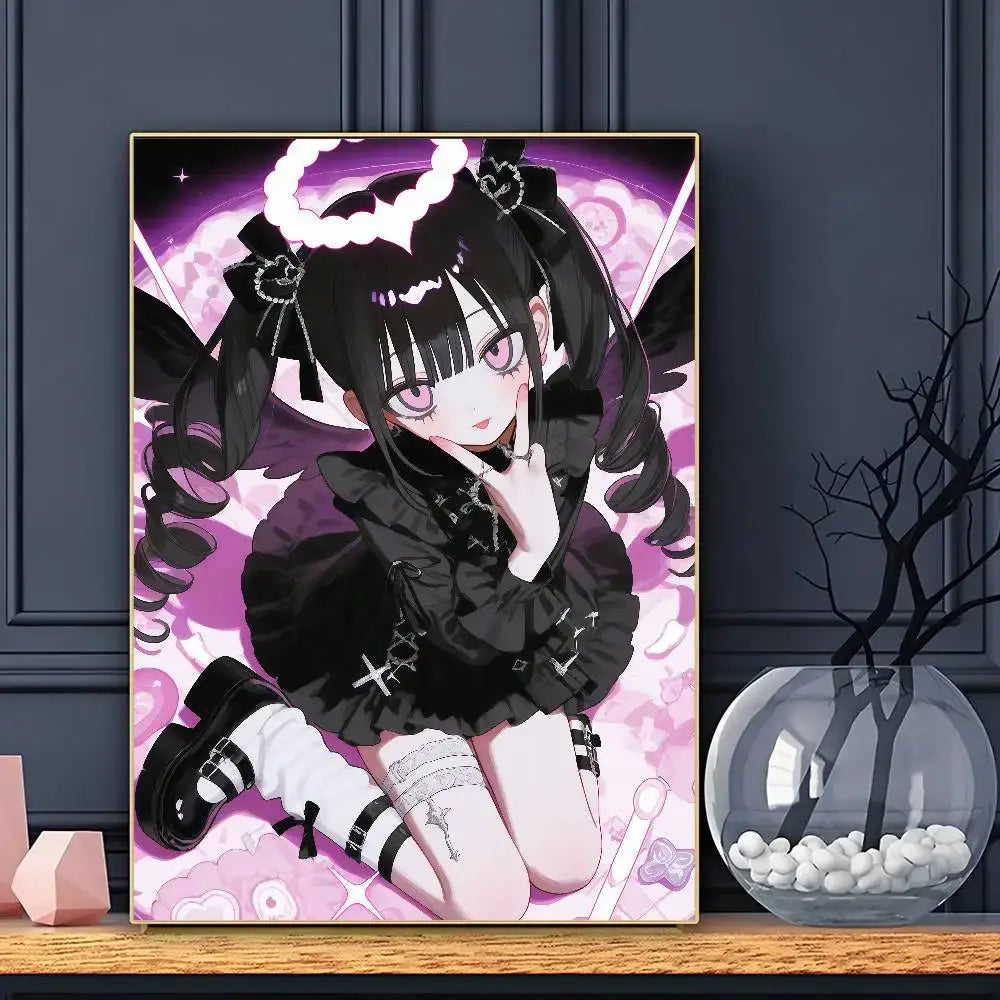 A framed anime j-jirai kei poster wall art featuring a black-haired girl in gothic outfit with pink eyes and vibrant background