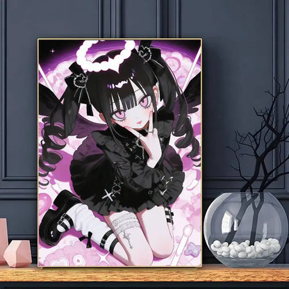 A framed anime j-jirai kei poster wall art featuring a black-haired girl in gothic outfit with pink eyes and vibrant background