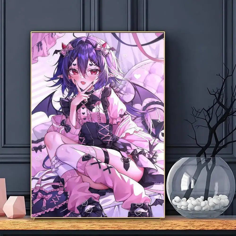 A framed kei poster wall art featuring a purple-haired girl in pink and black gothic lolita attire with lace details