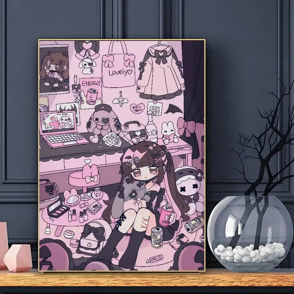 A framed pink anime j-jirai kei poster wall art featuring a long-haired girl in a pastel-themed room