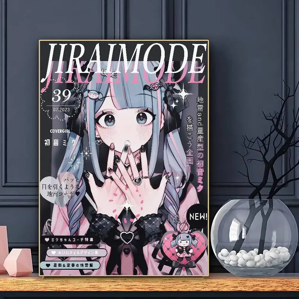 A framed jiraimode anime kei poster wall art featuring a silver-blue haired girl in a pink outfit with black lace details