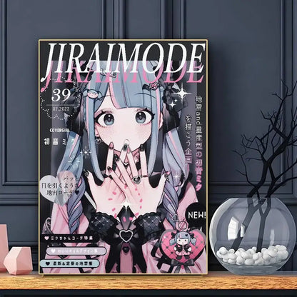 A framed jiraimode anime kei poster wall art featuring a silver-blue haired girl in a pink outfit with black lace details