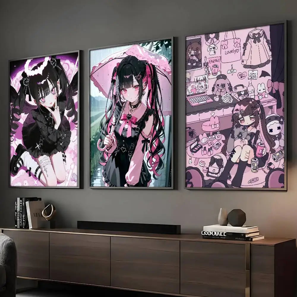 Three framed anime j-jirai kei posters featuring black-haired characters in pink and purple outfits wall art above a wooden console table