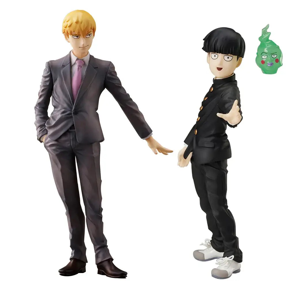Gray suit reigen arataka figure with blonde hair and purple tie standing next to black uniformed kageyama shigeo pvc model