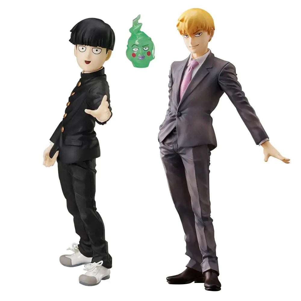 Black and gray pvc anime kageyama shigeo and reigen arataka figures with green face accessory for desktop ornaments