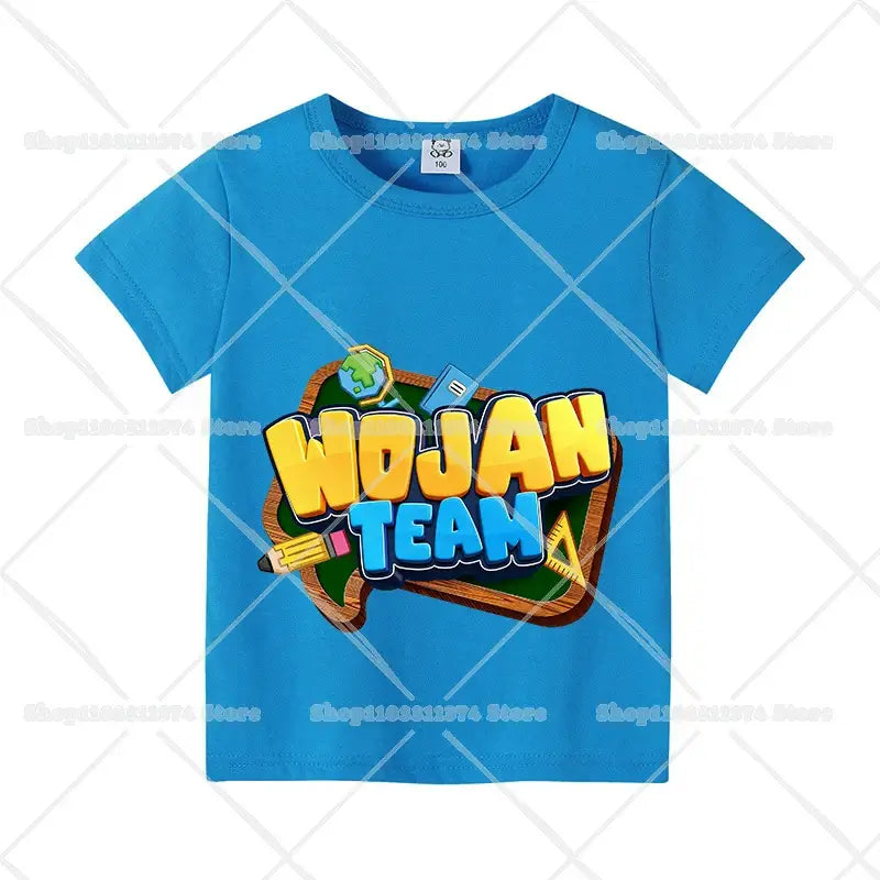 Bright blue cotton short sleeve anime kids t-shirt with colorful wojan team graphic and school supplies chalkboard design