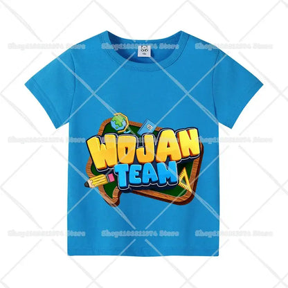 Bright blue cotton short sleeve anime kids t-shirt with colorful wojan team graphic and school supplies chalkboard design