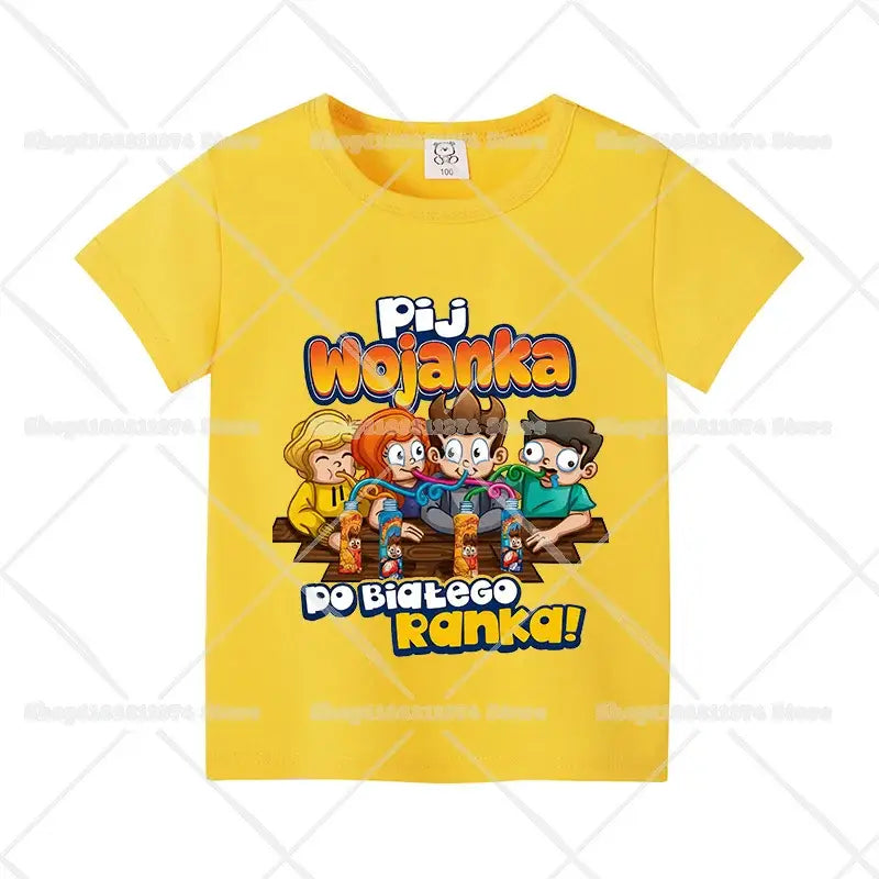 Bright yellow cotton anime kids t-shirt with colorful cartoon characters and playful pij wojanka do białego ranka print
