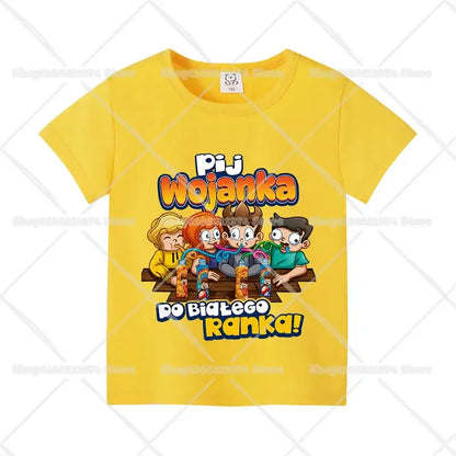 Bright yellow cotton anime kids t-shirt with colorful cartoon characters and playful pij wojanka do białego ranka print