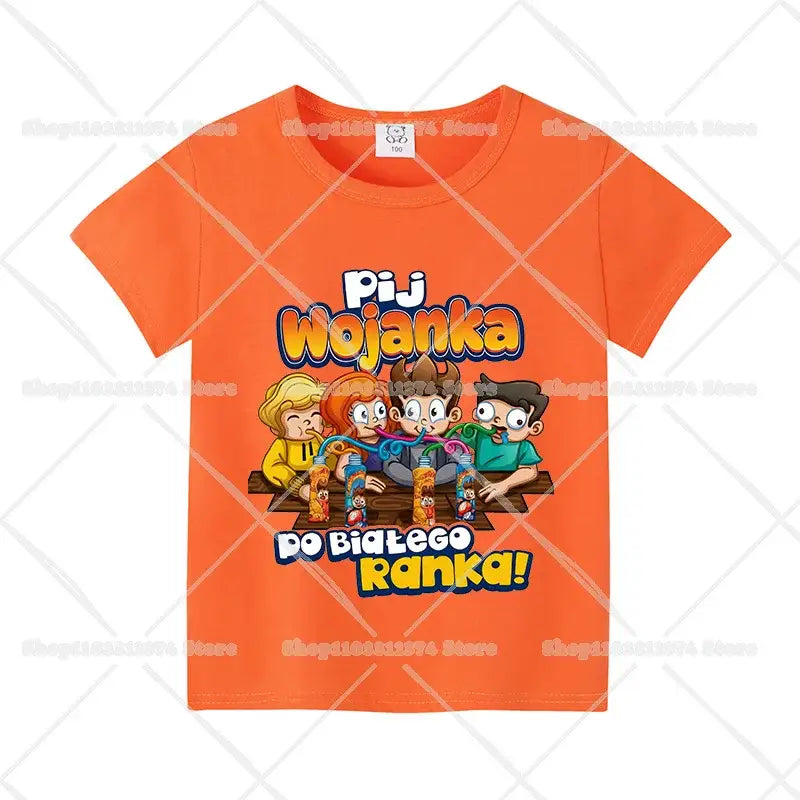 Bright orange cotton anime kids t-shirt with colorful cartoon children and playful text for birthday wear