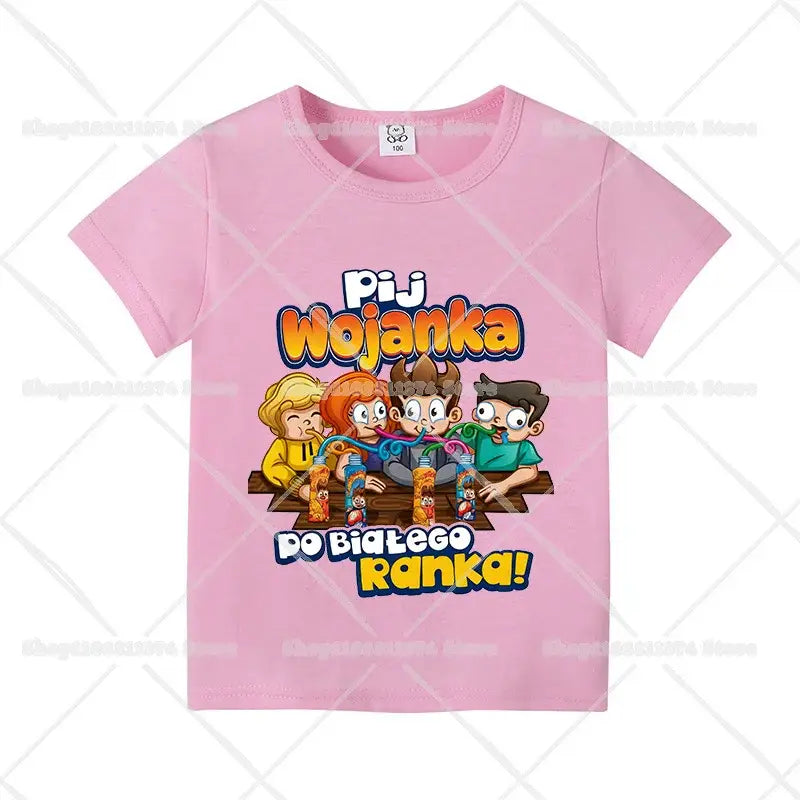 Pink cotton short sleeve kids t-shirt with colorful cartoon print and text pij wojanka and do białego ranka