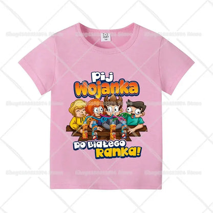 Pink cotton short sleeve kids t-shirt with colorful cartoon print and text pij wojanka and do białego ranka