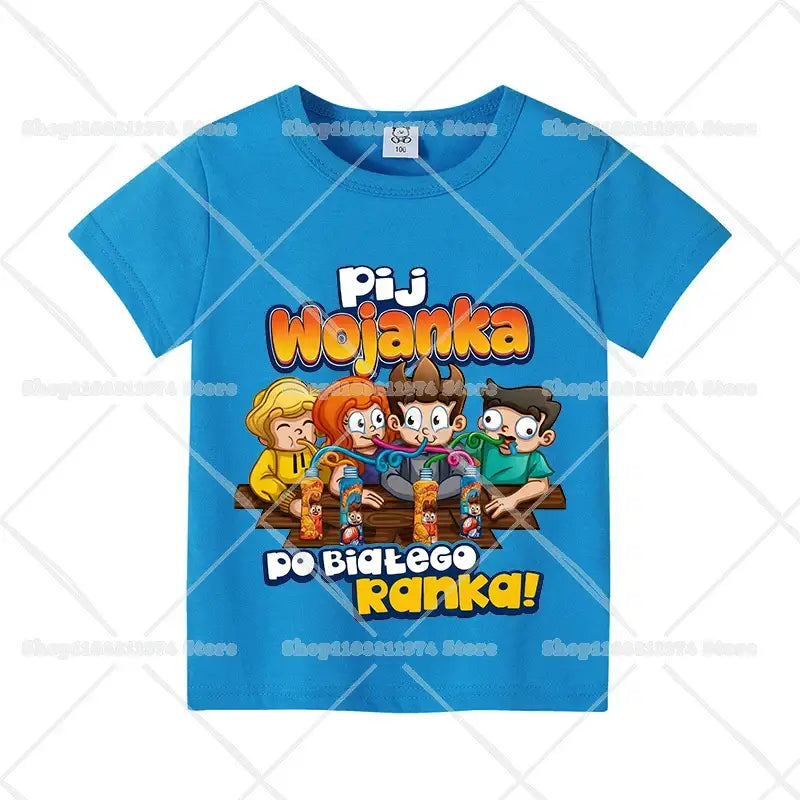 Bright blue cotton short sleeve anime kids t shirt with colorful cartoon of four children drinking from bottles