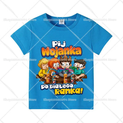 Bright blue cotton short sleeve anime kids t shirt with colorful cartoon of four children drinking from bottles