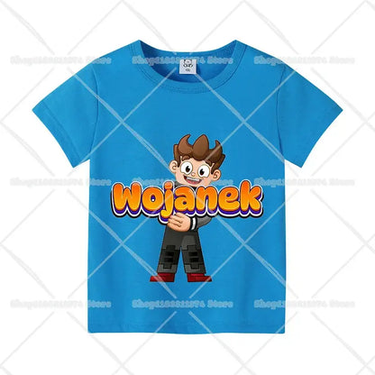 Bright blue cotton short sleeve anime kids t-shirt featuring cartoon character wojanek and colorful name print