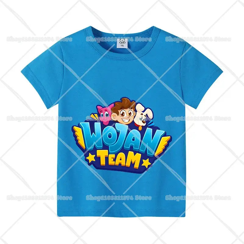 Bright blue cotton short sleeve anime kids t-shirt with colorful wojan team cartoon graphic for birthday use