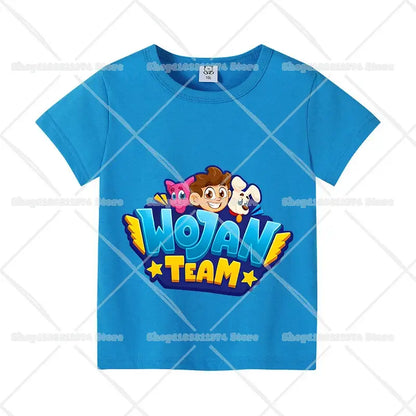 Bright blue cotton short sleeve anime kids t-shirt with colorful wojan team cartoon graphic for birthday use