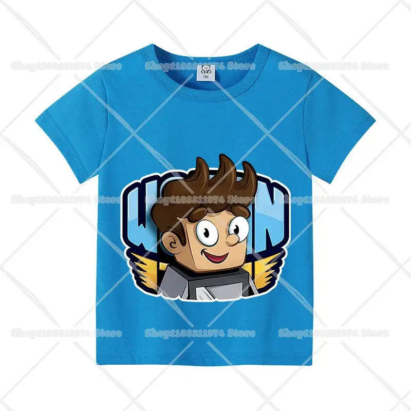 Bright blue cotton anime kids t-shirt with short sleeves featuring a cartoon character with brown hair and wings