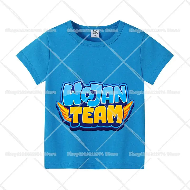Bright blue cotton short sleeve anime kids t-shirt featuring bold yellow and blue winged wojan team graphic for birthdays