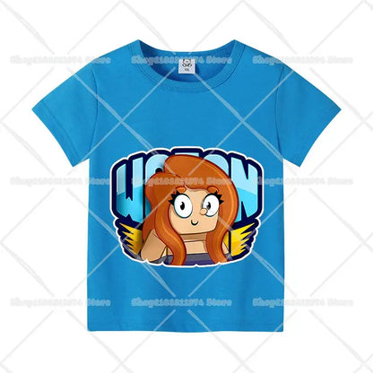 Bright blue cotton anime kids t-shirt with short sleeves featuring a cartoon character with orange hair and yellow wings