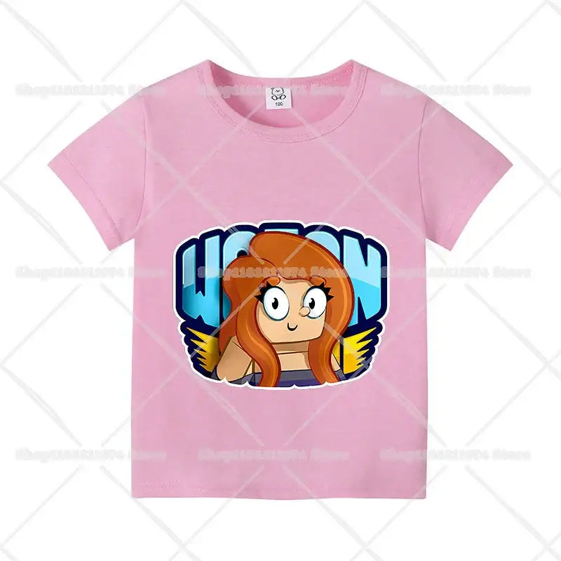 Pink cotton anime kids t-shirt with short sleeves featuring a cartoon character with orange hair and colorful wings