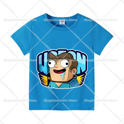 Bright blue cotton anime kids t-shirt with short sleeves featuring a cartoon character inside wilson lettering