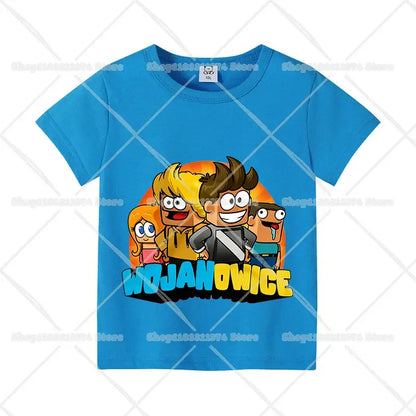 Bright blue cotton anime kids t-shirt with colorful wojanowice cartoon graphic and bold yellow black lettering