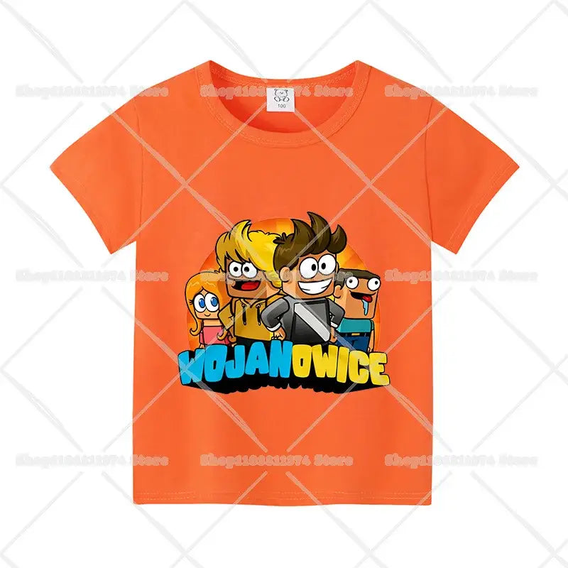 Bright orange cotton short sleeve anime kids t-shirt with colorful cartoon graphic and wojanowice print below characters