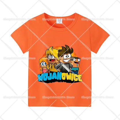 Bright orange cotton short sleeve anime kids t-shirt with colorful cartoon graphic and wojanowice print below characters