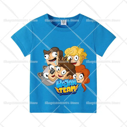 Bright blue cotton short sleeve anime kids t-shirt featuring colorful wojan team cartoon graphic for birthdays