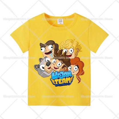 Bright yellow cotton anime kids t-shirt with colorful wojan team cartoon graphic short sleeve birthday tee