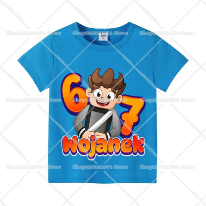 Bright blue cotton anime kids t-shirt with brown cartoon character, orange 67 and name wojanek for birthdays